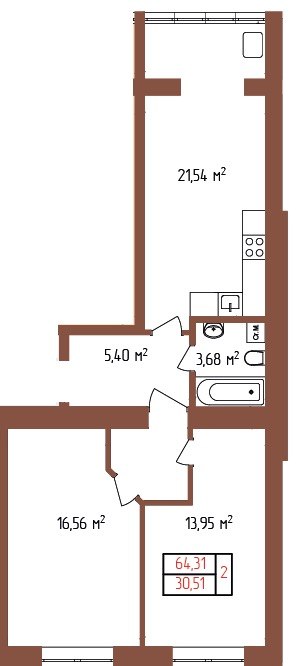 Планування 2-кімнатна квартири 64.31 м² у ЖК Лелека Шепетівка