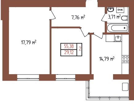 Планування 2-кімнатна квартири 55.38 м² у ЖК Лелека Шепетівка