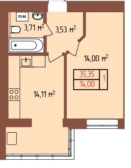 Планування 1-кімнатна квартири 35.35 м² у ЖК Лелека Шепетівка