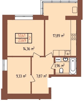 Планування 2-кімнатна квартири 53.41 м² у ЖК Лелека Шепетівка