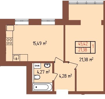 Планування 1-кімнатна квартири 45.42 м² у ЖК Лелека Шепетівка